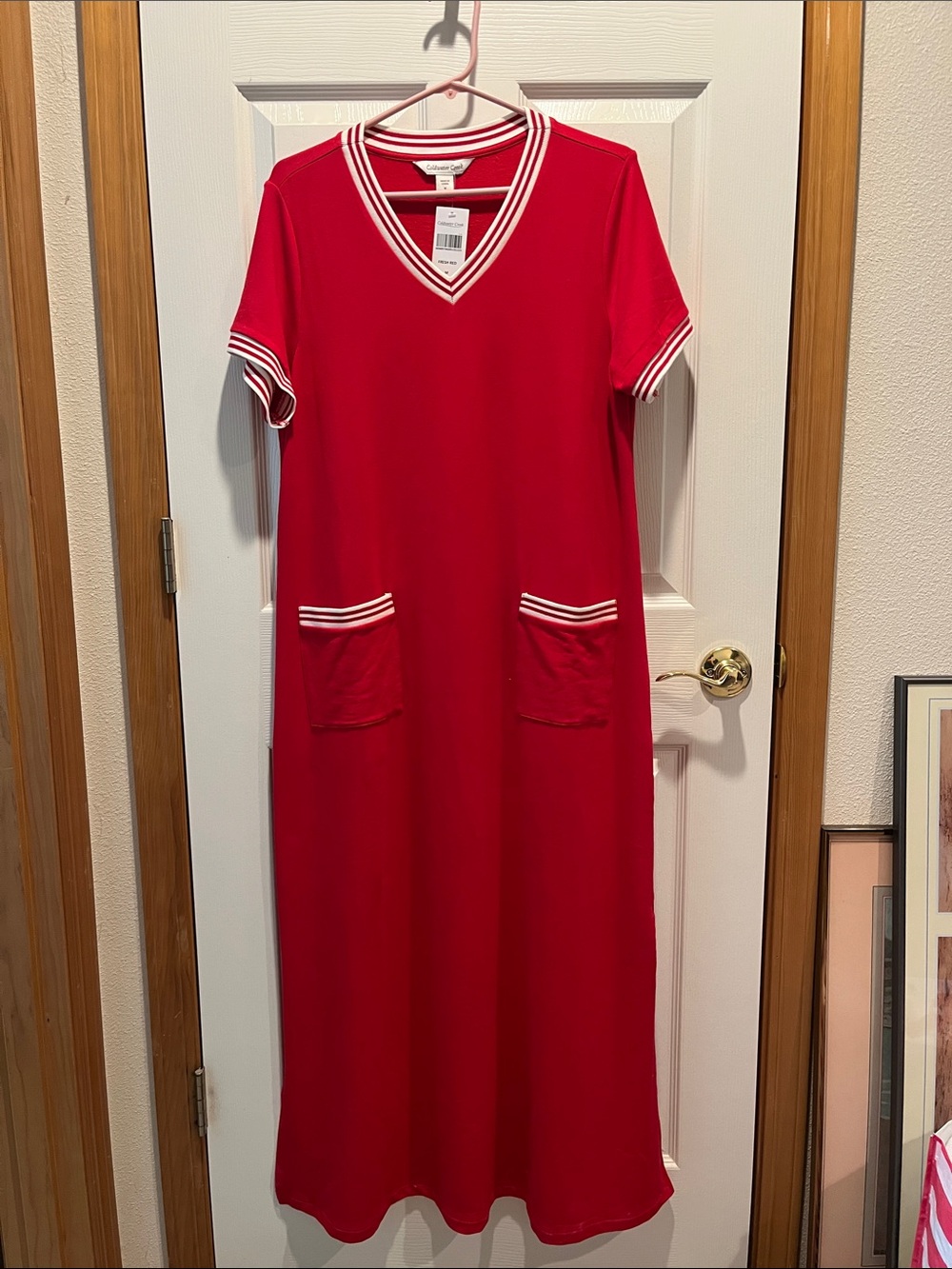 Coldwater Creek Red Maxi V-Neck Dress with White Trim